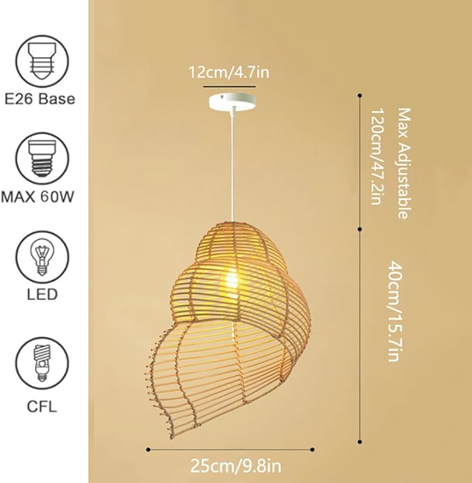 Retro Conch Pendant Lamp Hand Woven Ceiling Lighting Weave Bamboo Rattan E26 Hanging Light Fixture Retro Japanese Wicker Lamp Shade for Bedroom Restaurant Cafe Brown