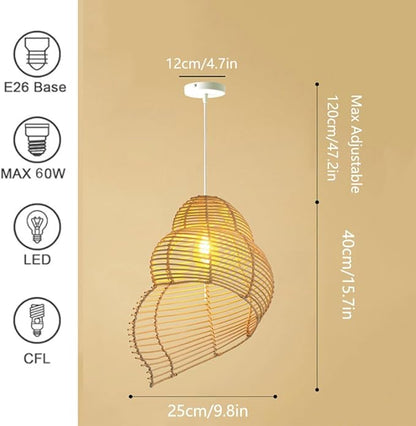 Retro Conch Pendant Lamp Hand Woven Ceiling Lighting Weave Bamboo Rattan E26 Hanging Light Fixture Retro Japanese Wicker Lamp Shade for Bedroom Restaurant Cafe Brown