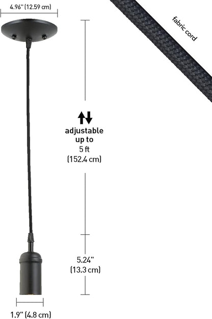 Globe Electric 64906 1-Light Pendant, Matte Black, Black Woven Fabric Cord, E26 Base Socket, Kitchen Island, Café, Decorative, Ceiling Hanging Light Fixture, Modern, Vintage, Bulb Not Included