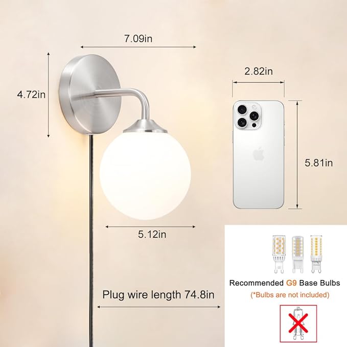 Modern Brushed Nickel Plug in Wall Sconce Set of 2, Wall Light Fixture with Milky White Globe Glass Lampshade, Wall Lamp with Plug in Cord, Art Deco Wall Light for Bedroom Living Room Hallway