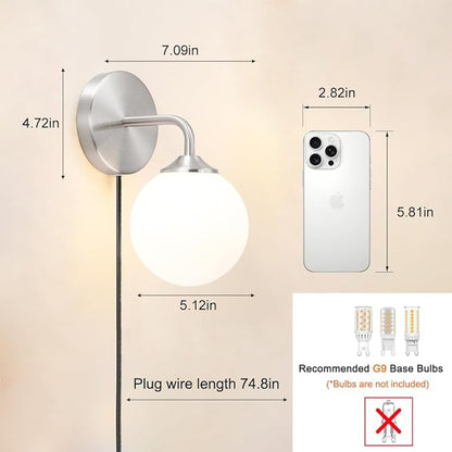 Modern Brushed Nickel Plug in Wall Sconce Set of 2, Wall Light Fixture with Milky White Globe Glass Lampshade, Wall Lamp with Plug in Cord, Art Deco Wall Light for Bedroom Living Room Hallway