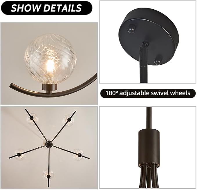 5-Head Black Modern Chandelier with 5 Clear Glass Globe Bulbs, Globe Chandelier, Elegant Lamps with Black Accents, Ceiling Light for Living Room Kitchen Island Bedroom Entryway
