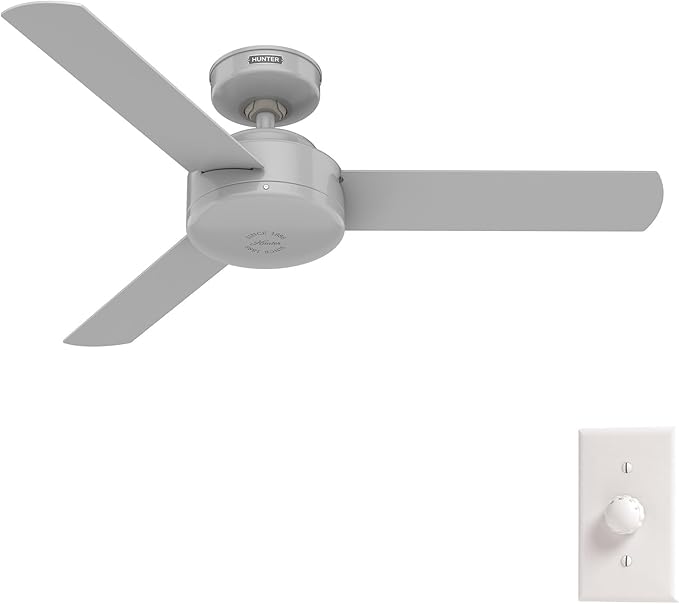 Hunter 44 inch Indoor Ceiling Fan No Light - Modern Ceiling Fan without Light, 3 Blades, Standard Mount, For Bedroom, Living Room, or Kitchen, Wall Control - Presto 52384, Dove Grey