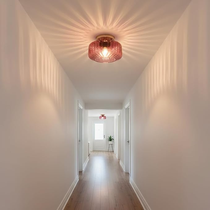8.66" Low-Profile Purple Glass Flush Mount Ceiling Light, Gold Metal 1-Light Fixture, Easy Install Semi-Flush Ceiling Lamp for Small Bedrooms, Bathrooms, Closets