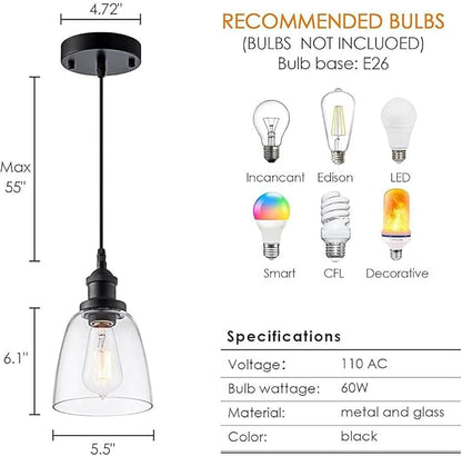 Pendant Light Over Island Hanging Lighting Industrial Clear Glass Adjustable Cord for Sink Kitchen Island Dining Room, Black, 1 Pack