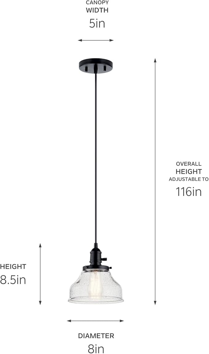 Kichler Avery Bell Mini Pendant Light Fixture with Clear Seeded Glass, Single Industrial Hanging Light in Black for Kitchen Island, Living Room, or Bedroom (8" x 8.5"), 43850BK