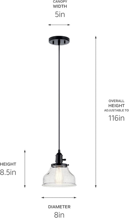 Kichler Avery Bell Mini Pendant Light Fixture with Clear Seeded Glass, Single Industrial Hanging Light in Black for Kitchen Island, Living Room, or Bedroom (8" x 8.5"), 43850BK