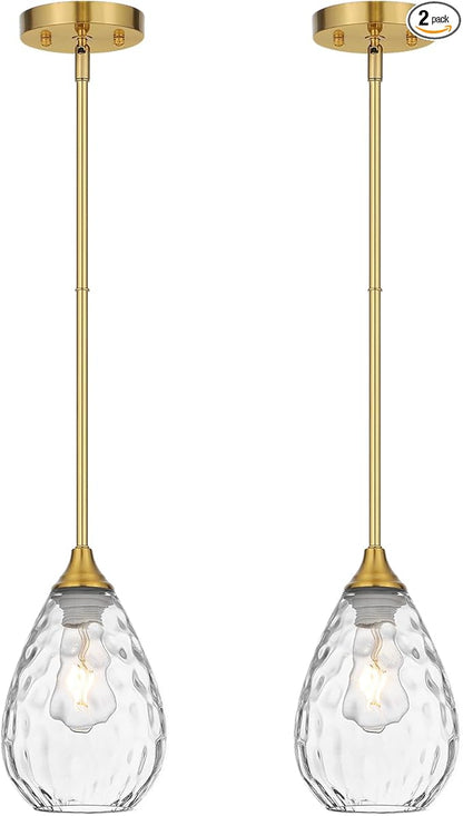 Brushed Gold Pendant Lights Kitchen Island 2 Pack, Modern Glass Pendant Light Fixtures with Hammered Glass and Rods, Adjustable Brass Hanging Light for Kitchen Sink Dining Room Bathroom