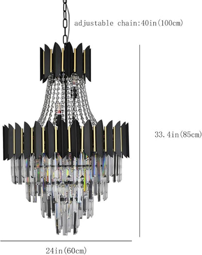 Modern Crystal Chandelier Black 4-Tier Round Crystal Chandeliers Lighting Contemporary Ceiling Hanging Raindrop Pendant Light Fixture for Dining Room Living Room Foyer (D24in-14 Lights)