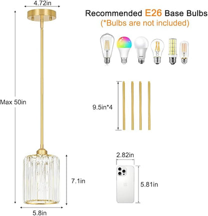 Lxybcce Gold Kitchen Pendant Lights Over Island with Adjustable Rods - Crystal Pendant Lighting Fixtures 3 Pack, Ideal Over Dining Table or Bar, E26 Bulb Compatible, No Electrician Needed