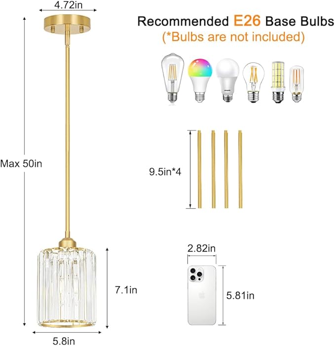 Lxybcce Brushed Gold Kitchen Pendant Lights Over Island with Adjustable Rods - Crystal Pendant Lighting Fixtures for Sloped Ceiling, Ideal Over Dining Table or Bar, E26 Bulb Compatible