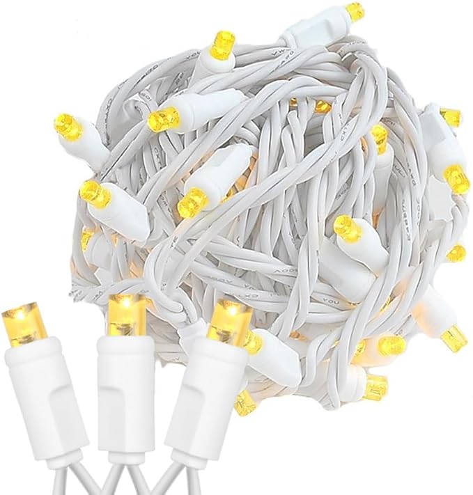 Novelty Lights 11ft Christmas String Lights, 50 Yellow LED Bulbs on White Wire, 2.5" Spacing, Connectable Indoor Outdoor Commercial Grade Lighting for Holidays Patio Weddings