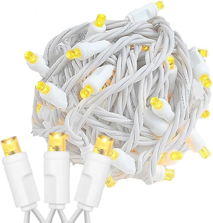 Novelty Lights 25ft Christmas String Lights, 50 Yellow LED Bulbs on White Wire, 6" Spacing, Connectable Indoor Outdoor Commercial Grade Lighting for Holidays Patio Weddings