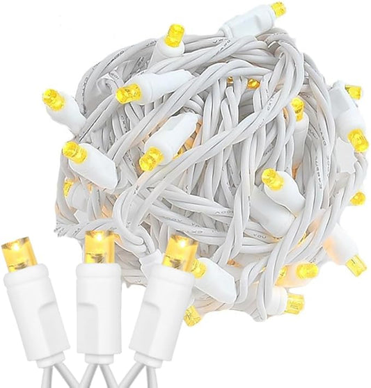 Novelty Lights 25ft Christmas String Lights, 50 Yellow LED Bulbs on White Wire, 6" Spacing, Connectable Indoor Outdoor Commercial Grade Lighting for Holidays Patio Weddings
