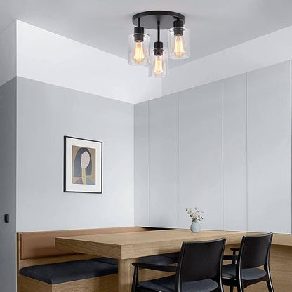 3-Light Industrial Farmhouse Black Matte Light Fixtures Ceiling Mount, with Clear Glass Shades Semi Flush Mount Ceiling Light, for Hallway Fixtures Kitchen, Foyer