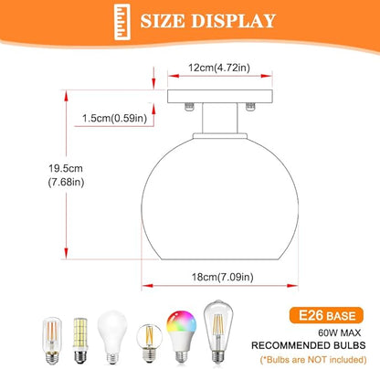 7.09in Brushed Nickel Semi Flush Mount Ceiling Light, Small Vintage Flush Mount Ceiling Light with Globe Glass, Close to Ceiling Lights for Hallway Porch Bedroom, Bulbs Not Included