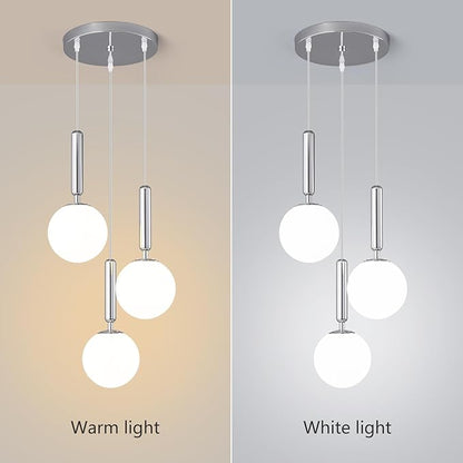 Modern Chrome Pendant Light Hanging Fixture Light for Kitchen Island Mid Century with Globe Pendant Light Milk White Glass Pendant Lighting for Living Room Bedroom Entryway (3 Lights)