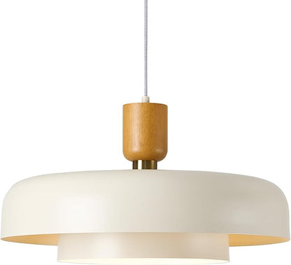 Modern Large Pendant Light 19.68 inch, 2 Tiers Soft Cream Shades, Natural Wood and Brass Accent, Mid Century Chandelier for Dining Room, Living Room