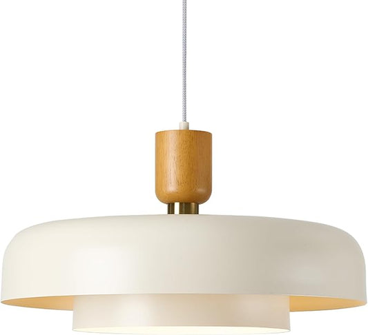 Modern Large Pendant Light 19.68 inch, 2 Tiers Soft Cream Shades, Natural Wood and Brass Accent, Mid Century Chandelier for Dining Room, Living Room