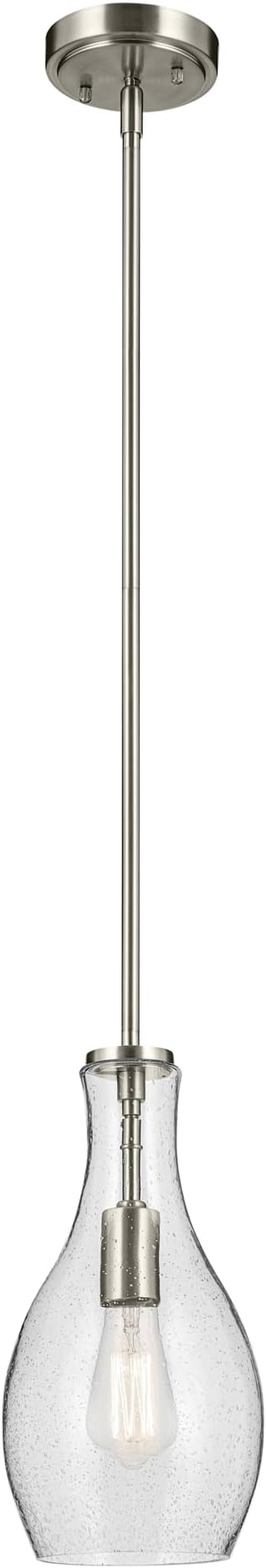 Kichler Everly 1-Light Bell Pendant Light Fixture with Clear Seeded Glass in Brushed Nickel for Kitchen Island, Dining Room, or Home Bar, Modern Hanging Light (13.75" x 7"), 42456NI