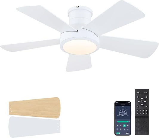 Hounberi 40 Inch Flush Mount Ceiling Fan with Lights and Remote, Modern Quiet DC Motor Low Profile Ceiling Fan for Low Ceilings, 5 Reversible Blades, 6 Speeds Dimmable, Indoor Outdoor Bedroom, White