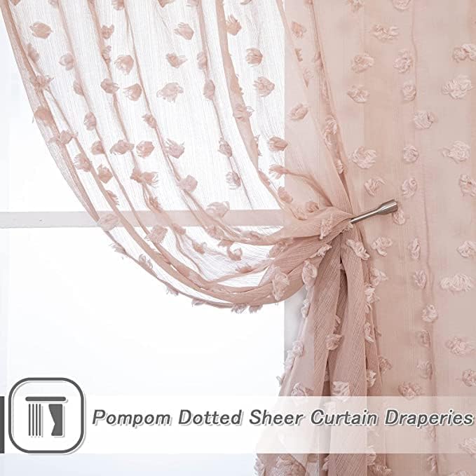MYSKY HOME Pink Sheer Short Curtains for Small Windows Kitchen 45 inch Long with Pom Pom Bedroom Nursery Kids Girls Room Curtains Cafe Light Filtering Boho Drapes, Rod Pocket,52" Wide, 2 Panels