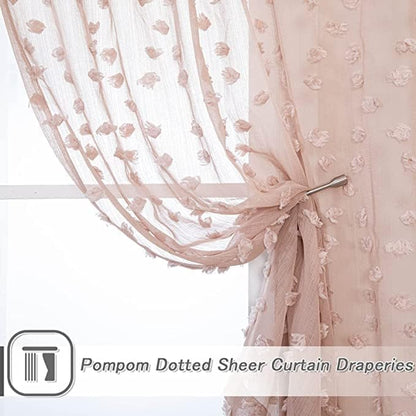 MYSKY HOME Pink Sheer Short Curtains for Small Windows Kitchen 45 inch Long with Pom Pom Bedroom Nursery Kids Girls Room Curtains Cafe Light Filtering Boho Drapes, Rod Pocket,52" Wide, 2 Panels