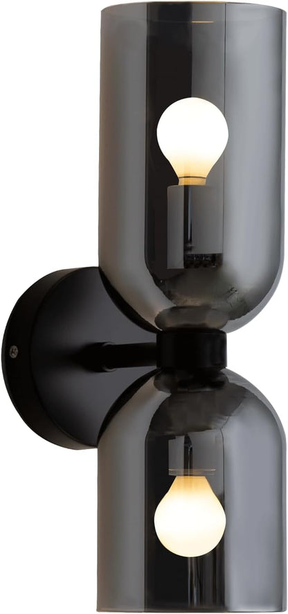 Modern Glass Wall Sconces- Double Head Wall Lighting with Long Short Glass Shades- Bathroom Vanity Light Mid-Century Up Down Hardwired Wall Lamp Indoor for Bedroom Hallway Living (Black-Gray)
