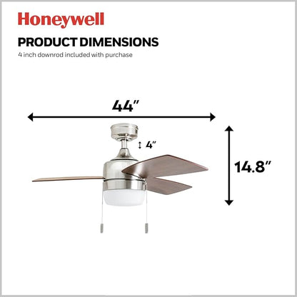 Honeywell Ceiling Fans Barcadero Modern 44 Inch Ceiling Fan with Light, Pull Chain LED Indoor Fan with 3 Blades, Maple and Brown Maple Blade Finish Options, Brushed Nickel (50616-01)