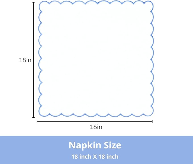 PurpleEssences Scalloped Embroidery Cloth Napkins - Spring Easter Summer - Table Decor - 100% Cotton - Set of 4-18x18 inch - White - Edges - Light Blue