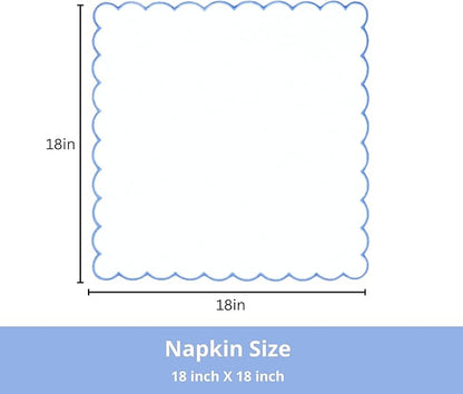 PurpleEssences Scalloped Embroidery Cloth Napkins - Spring Easter Summer - Table Decor - 100% Cotton - Set of 4-18x18 inch - White - Edges - Light Blue