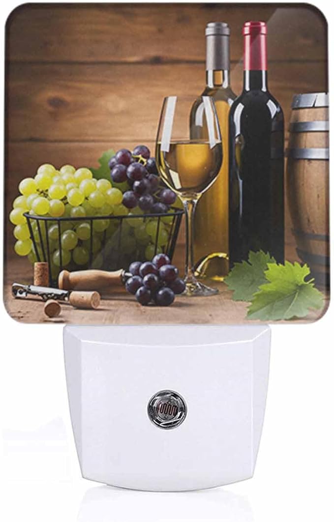 Wine Night Light A Stemmed Glass with Grapes on A Wooden Background Plug into Wall with Dusk to Dawn Light Sensors 0.5W Warm Nightlights for Bedroom Bathroom Hallway