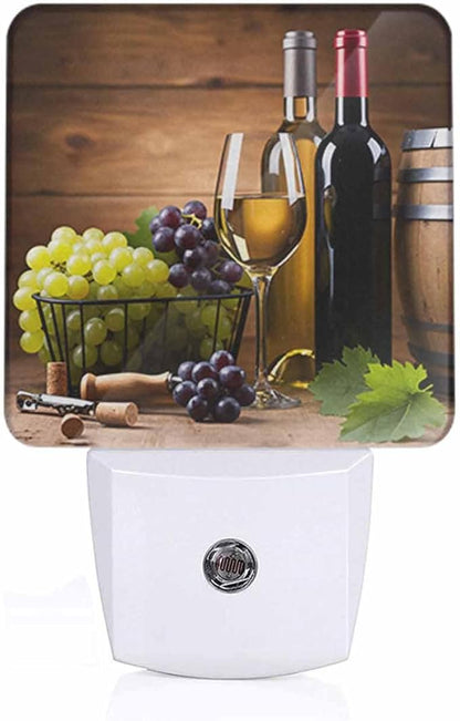 Wine Night Light A Stemmed Glass with Grapes on A Wooden Background Plug into Wall with Dusk to Dawn Light Sensors 0.5W Warm Nightlights for Bedroom Bathroom Hallway