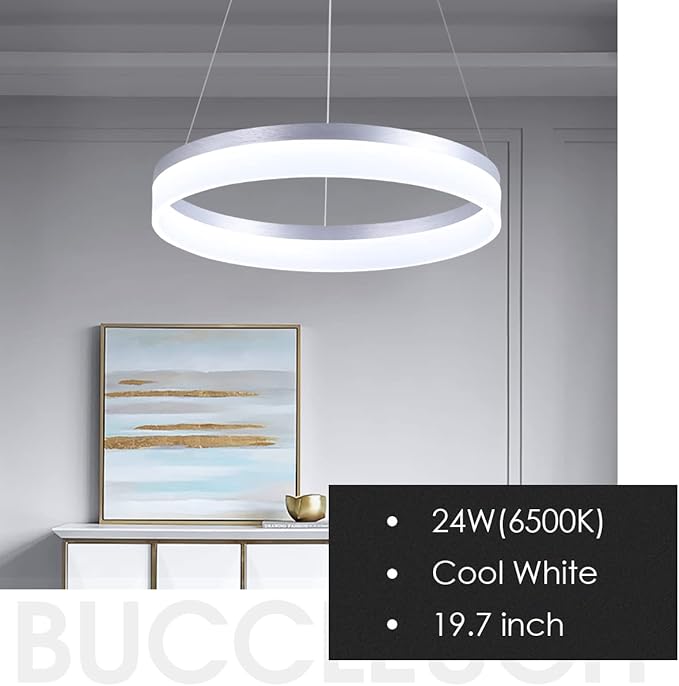 Buccleuch Modern LED Chandelier - Dimmable 19.7" Silver Round Pendant Light, Height Adjustable UL-Certified Ceiling Light for Dining Room, Kitchen Island, Living Room, Bedroom, Foyer, 6500K