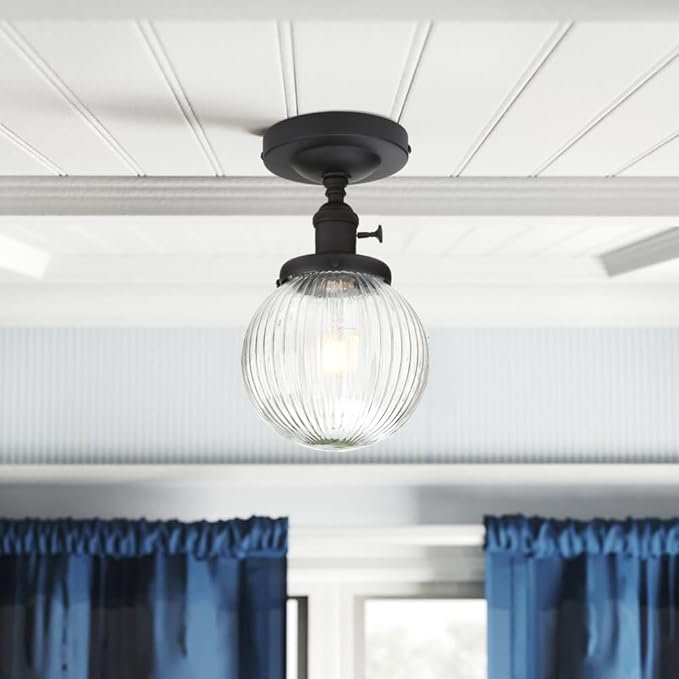 Yosoan 1-Light Indoor On Off Switch Hallway Ceiling Light, Modern Single Vintage Industrial Semi Flush Mounted with Retro Striped Round Shade for Kitchen Entry Bathroom Bedroom(Matte Black)