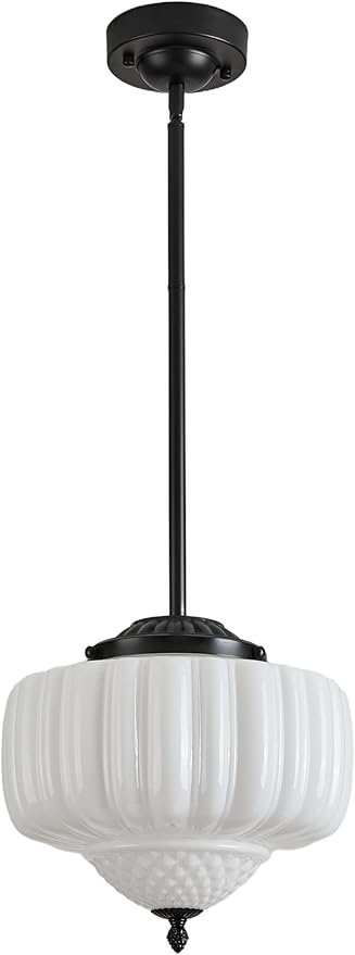 FCTWAKS Schoolhouse Pendant Light, 12" Black Schoolhouse Ceiling Light Fixture with Milk Glass White Shade, Adjustable Height, Mid Century Modern Pendant Lighting for Kitchen Island Dining Room