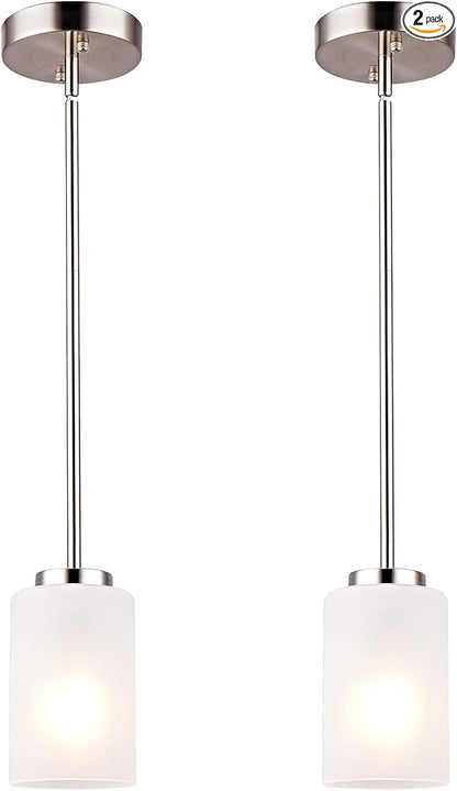 1-Light Mini Pendant Light Fixtures, Industrial Chandelier Hanging Ceiling Light with Opal White Shades, Adjustable Height, Brushed Nickel Pendant Lighting for Kitchen Bedroom Hallway, 2 Pack