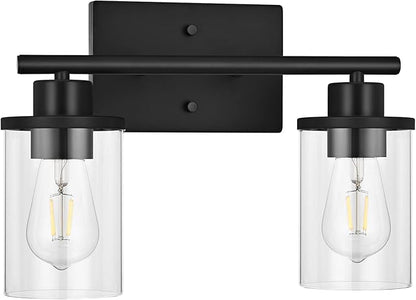 EDISHINE Bathroom Light Fixtures, 2-Light Bathroom Vanity Light with Clear Glass Shades, Matte Black Vanity Lights, Vintage Wall Sconces for Bedroom Living Room Hallway, E26 Base (Bulbs Not Included)