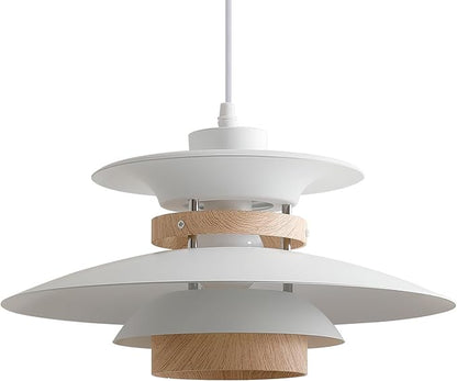 EFINEHOME Modern Decor Adjustable Pendant Lamp Kitchen Island, Aluminum and Wood Finish,1-Light E26 Base Ceiling Hanging Light for Dining Room Shop Restaurant (White+Light Wood Grain, 35cm)