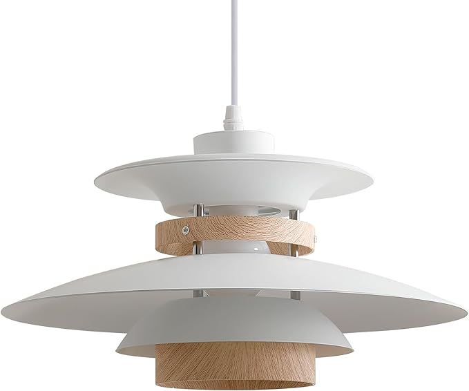 EFINEHOME Modern Decor Adjustable Pendant Lamp Kitchen Island, Aluminum and Wood Finish,1-Light E26 Base Ceiling Hanging Light for Dining Room Shop Restaurant (White+Light Wood Grain, 40cm)