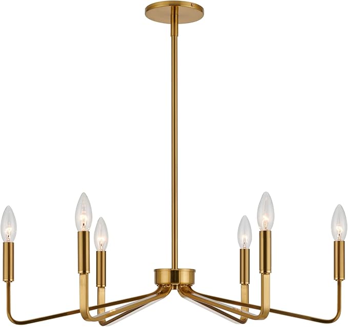 Brushed Gold Chandeliers for Dining Room, 6-Light Modern Farmhouse Chandelier, Brass Candle Style Hanging Light Fixture for Living Room Bedroom Kitchen Island