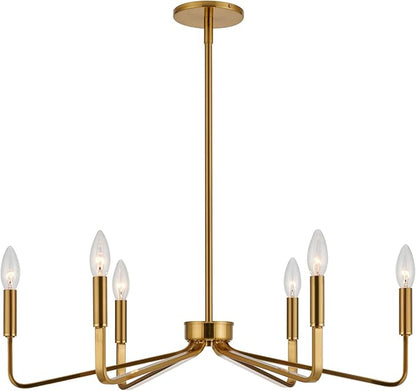 Brushed Gold Chandeliers for Dining Room, 6-Light Modern Farmhouse Chandelier, Brass Candle Style Hanging Light Fixture for Living Room Bedroom Kitchen Island