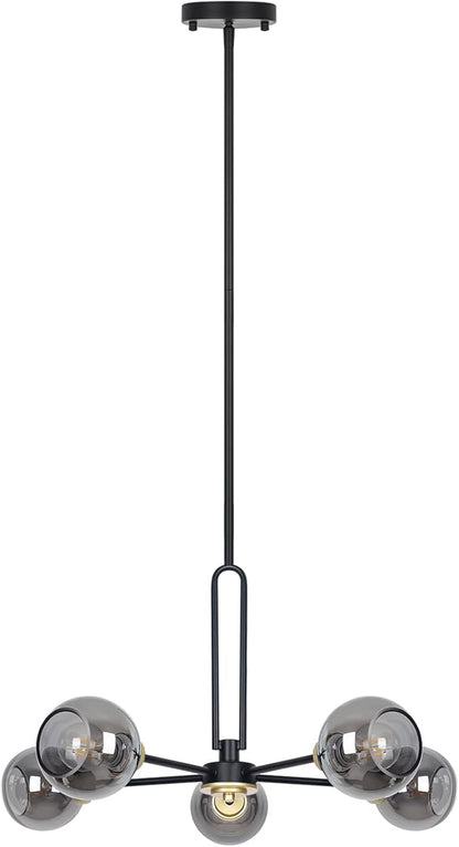 5-Light Globe Chandelier Pendant Lighting - Modern Large Semi-Flush Ceiling Light Fixture with Smoked Glass, Black Dining Room Light Fixture, Sputnik Light Fixture for Kitchen Living Room Bedroom