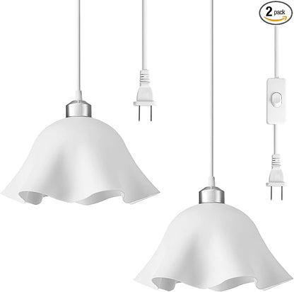 OmiSun Plug in Pendant Light, 2 Pack Hanging Lights with Plug in Cord, Hanging Lamp with15Ft Cord, On/Off Switch, Frosted Plastic White Shade, Plug in Hanging Ceiling Lights for Bedroom, Living Room
