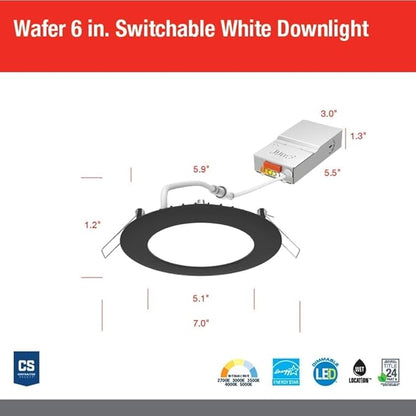 Juno LED Recessed Lights 6 Inch Round Wafer Downlight, 5-in-1 Switchable White Color Temperature, 120 Volts, 6-Inch Ultra-Thin Flat Trim, Matte Black (WF6 SWW5 90CRI MB M6)