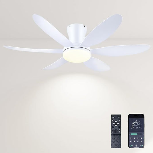 GJeg Ceiling Fans with Lights,42" Low Profile Ceiling Fan with Light and Remote Control,Flush Mount, Reversible, Dimmable, Noiseless, White Ceiling Fan for Bedroom