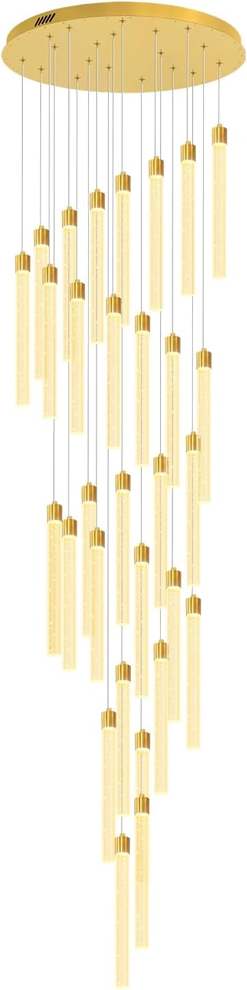 177'' Long Crystal Column Chandelier Gold 30-Lights Extra Large High Ceiling Chandelier Dimmable Pendant Lighting Staircase Foyer Entryway Light Source is Replaceable