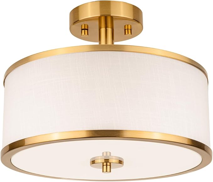 Edwarmlux 3-Light Semi Flush Mount Ceiling Light Fixture, 12.6" Gold Drum Light with White Fabric Shade, Modern Close to Ceiling Light for Living Room Bedroom Dining Room Kitchen Hallway Entry Foyer