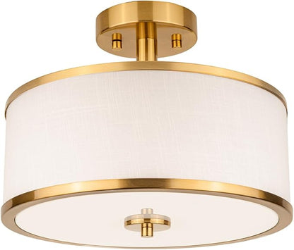 Edwarmlux 3-Light Semi Flush Mount Ceiling Light Fixture, 12.6" Gold Drum Light with White Fabric Shade, Modern Close to Ceiling Light for Living Room Bedroom Dining Room Kitchen Hallway Entry Foyer