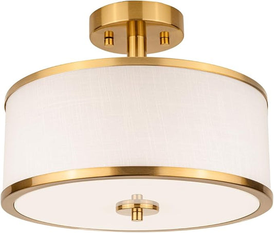 Edwarmlux 3-Light Semi Flush Mount Ceiling Light Fixture, 12.6" Gold Drum Light with White Fabric Shade, Modern Close to Ceiling Light for Living Room Bedroom Dining Room Kitchen Hallway Entry Foyer